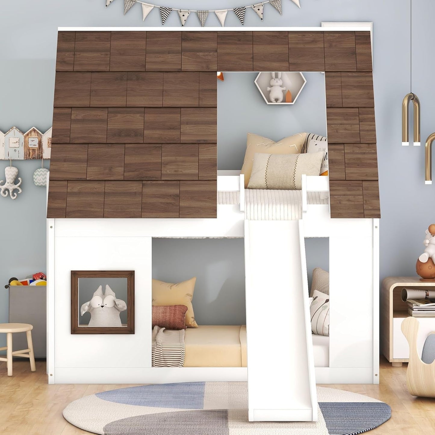 Bunk Bed Twin over Twin, Bunk Bed with Slides and Stairs, House Bunk Bed with Roof, Twin Bunk Bed for Kids, Teens, Kids Bunk Beds, White+Brown-2