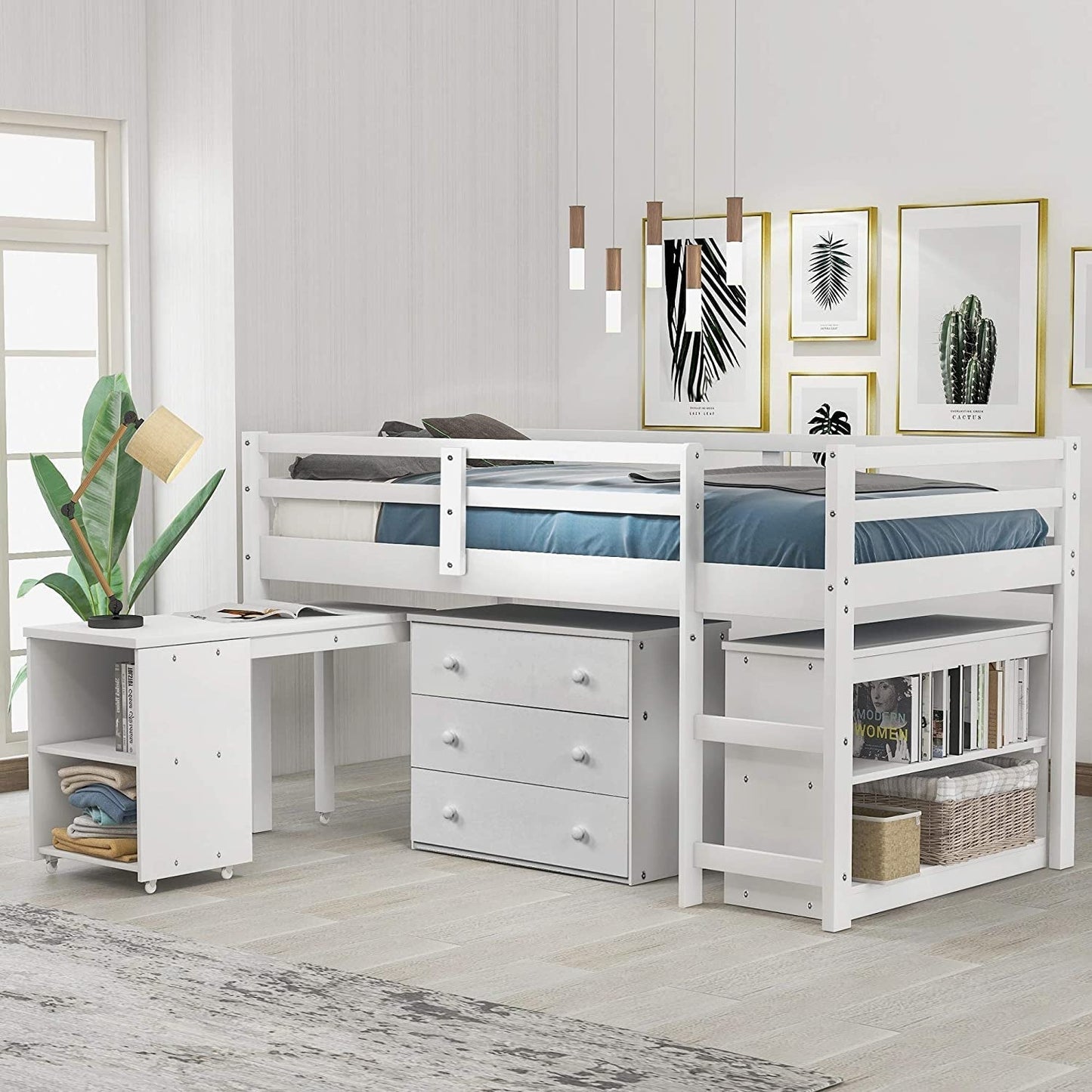 Twin Loft Bed with Rolling Desk/Shelf/Guardrail-0