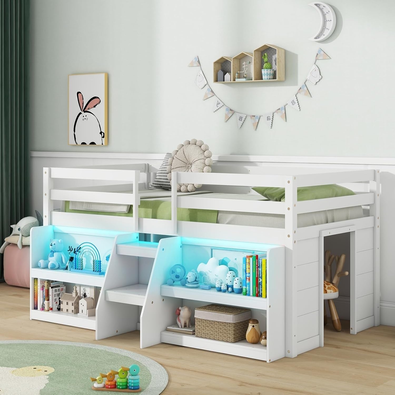 White Twin Low Loft Bed with LED & Stairs-1