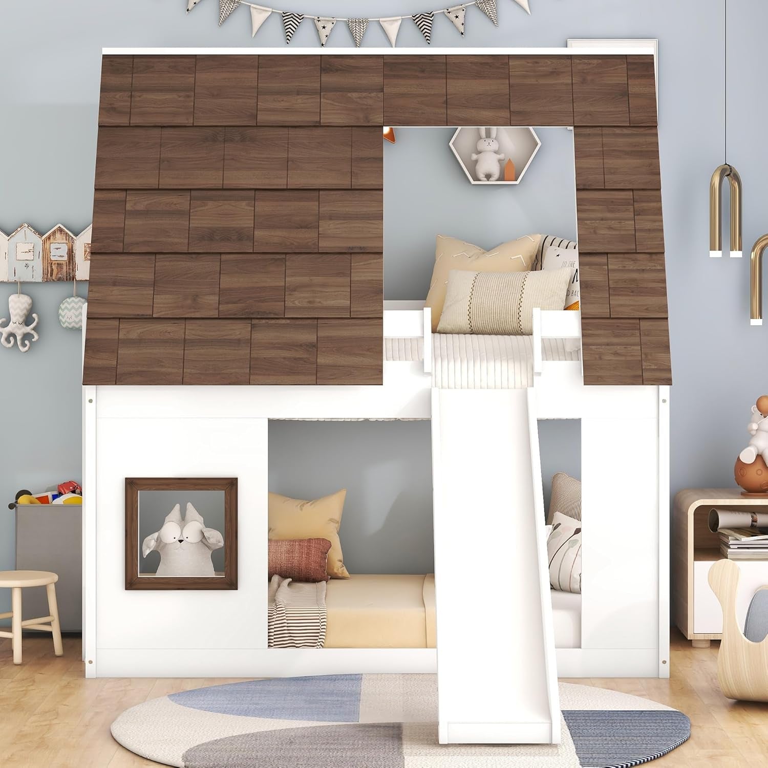 Bunk Bed Twin over Twin, Bunk Bed with Slides and Stairs, House Bunk Bed with Roof, Twin Bunk Bed for Kids, Teens, Kids Bunk Beds, White+Brown-2