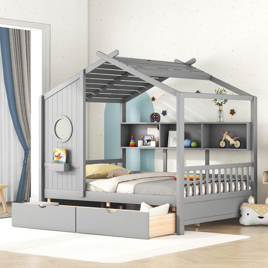 Kids Full Playhouse Bed with Drawers Shelves-0