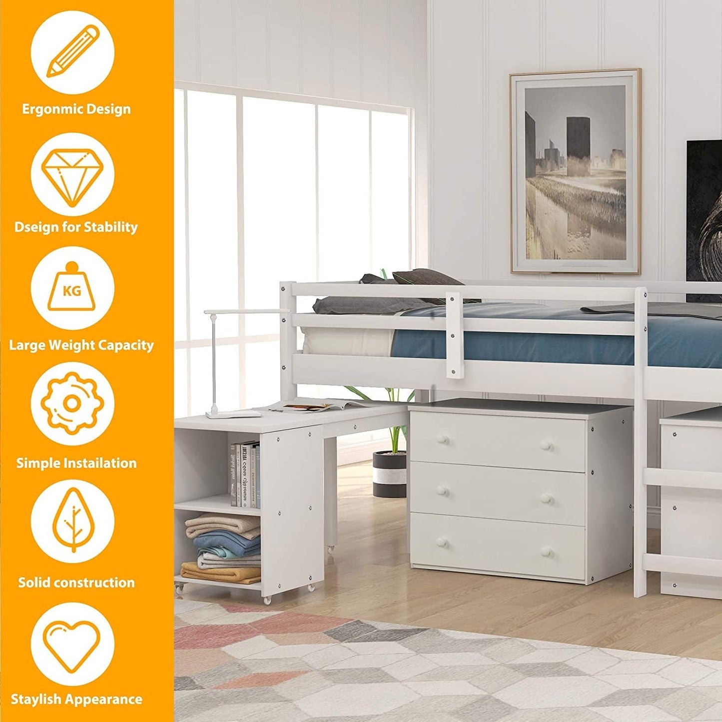 Twin Loft Bed with Rolling Desk/Shelf/Guardrail-1