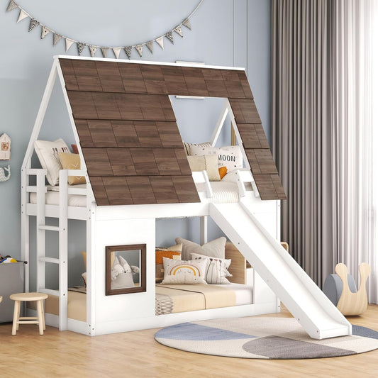Bunk Bed Twin over Twin, Bunk Bed with Slides and Stairs, House Bunk Bed with Roof, Twin Bunk Bed for Kids, Teens, Kids Bunk Beds, White+Brown-0