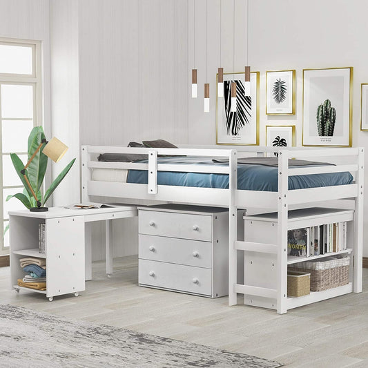 Twin Loft Bed with Rolling Desk/Shelf/Guardrail-0