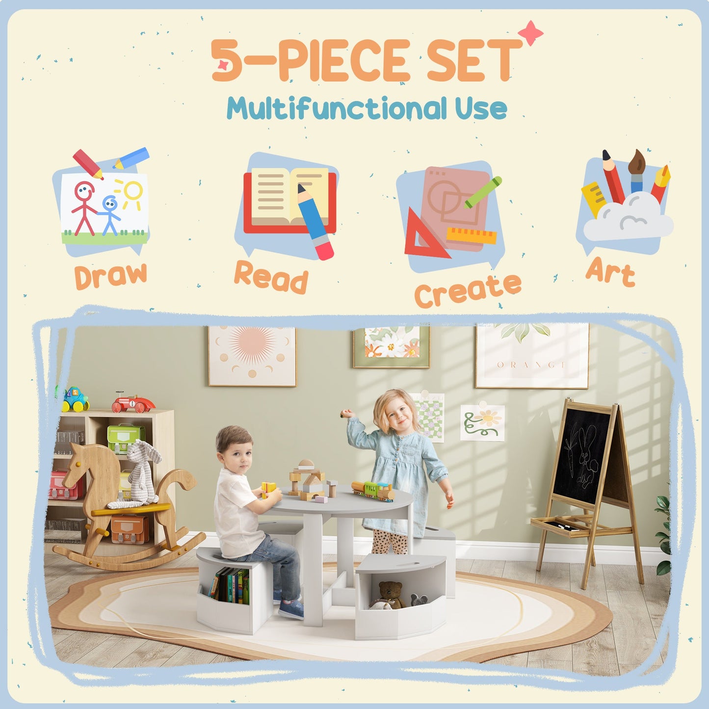5 Piece Kids Table and Chairs Set with Storage - Grey