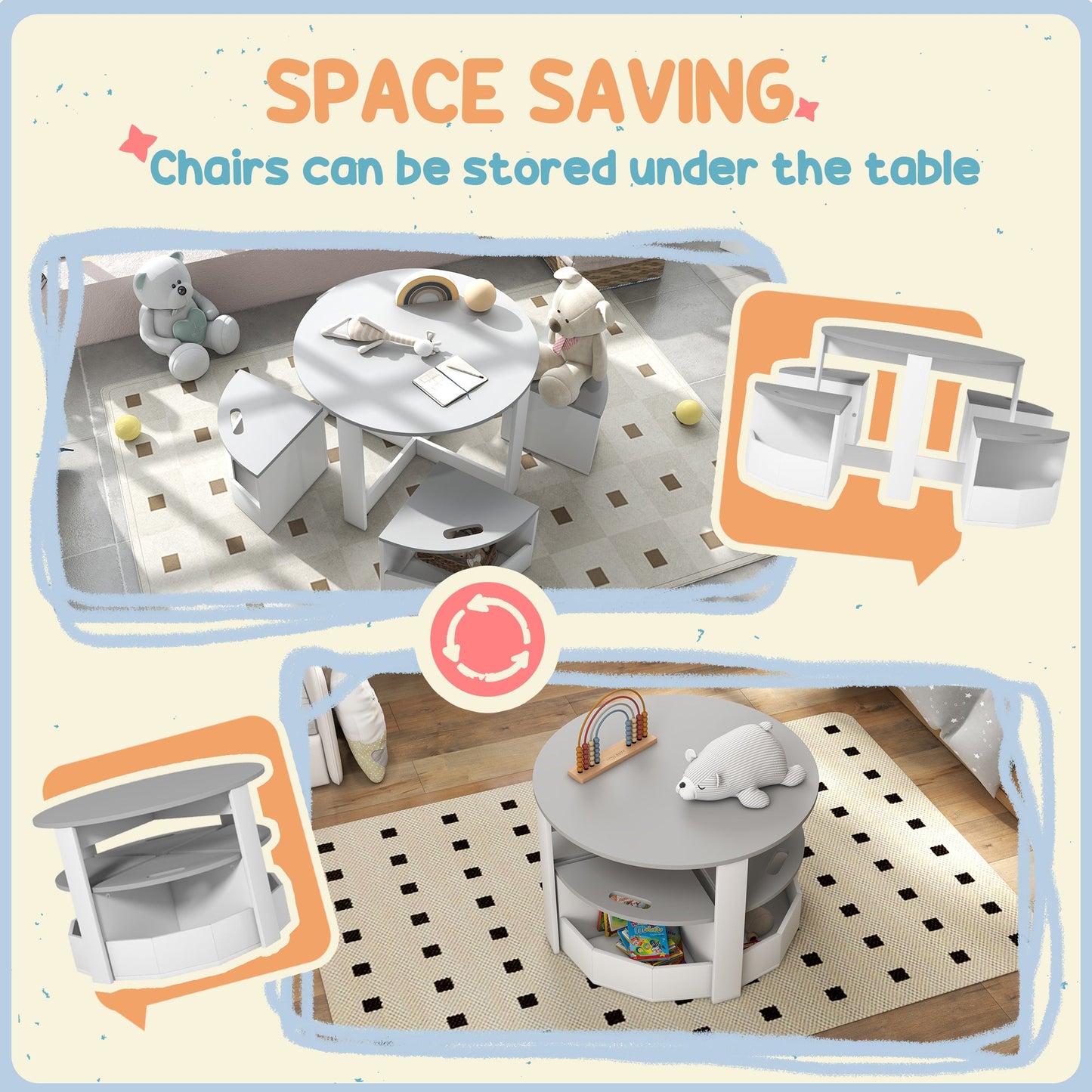 5 Piece Kids Table and Chairs Set with Storage - Grey