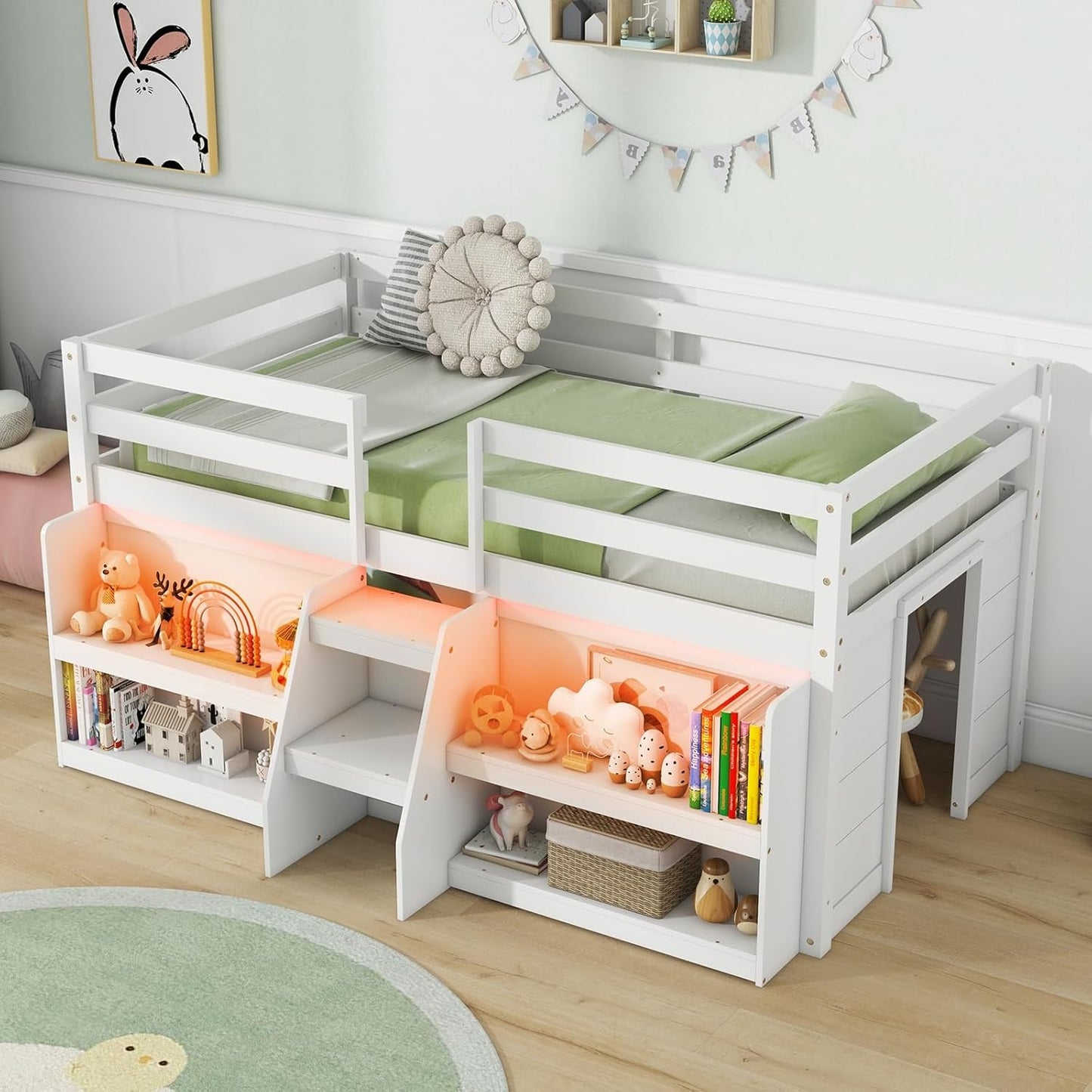 White Twin Low Loft Bed with LED & Stairs-3