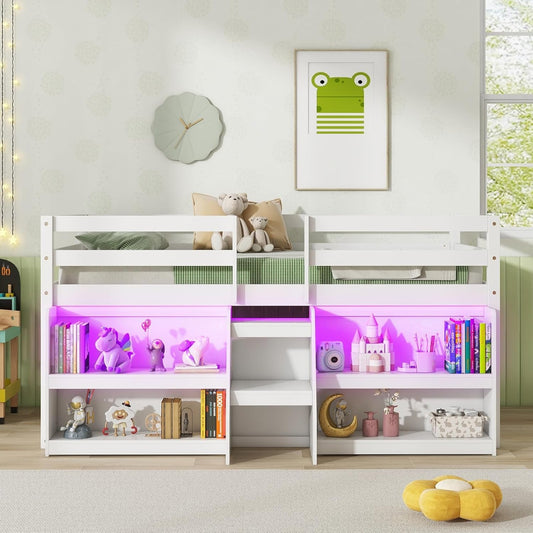 White Twin Low Loft Bed with LED & Stairs-0