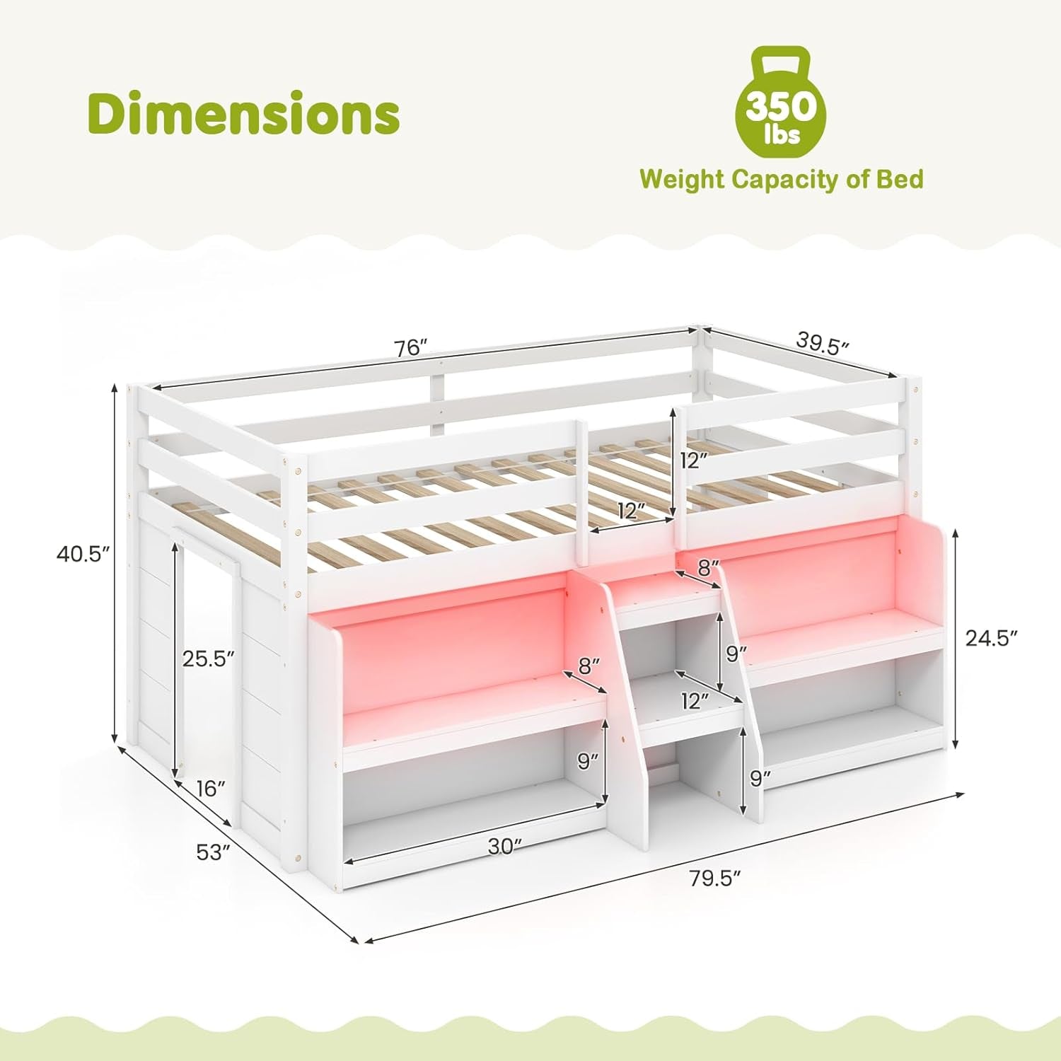White Twin Low Loft Bed with LED & Stairs-2