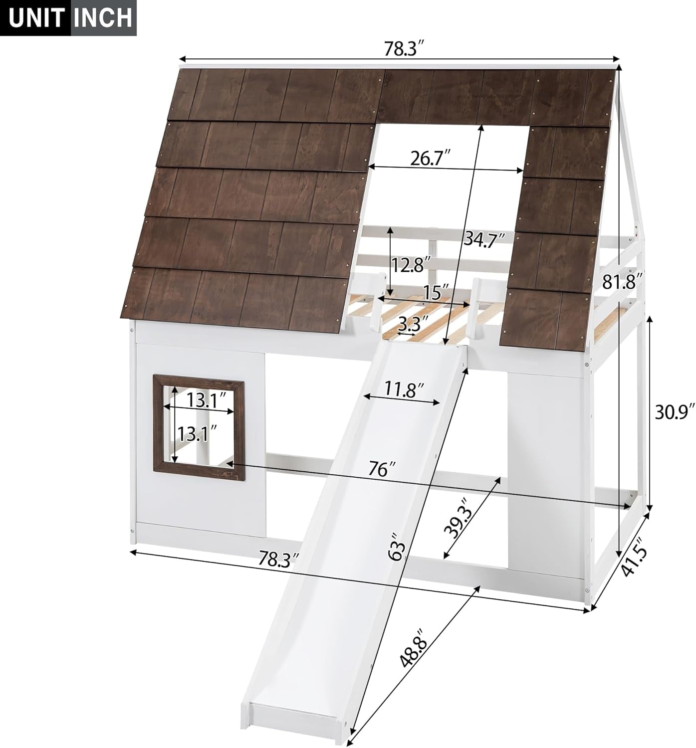 Bunk Bed Twin over Twin, Bunk Bed with Slides and Stairs, House Bunk Bed with Roof, Twin Bunk Bed for Kids, Teens, Kids Bunk Beds, White+Brown-1
