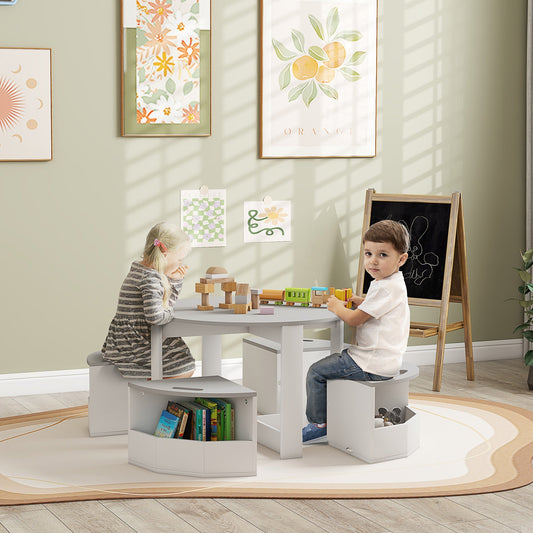 5 Piece Kids Table and Chairs Set with Storage - Grey